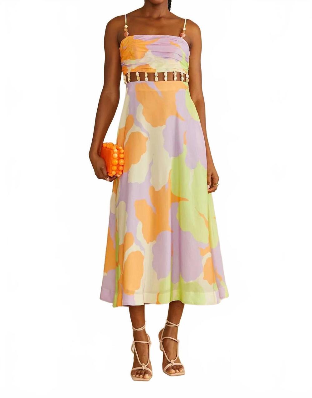 NEW AMUR women's georgie beaded waist midi dress in colorblock